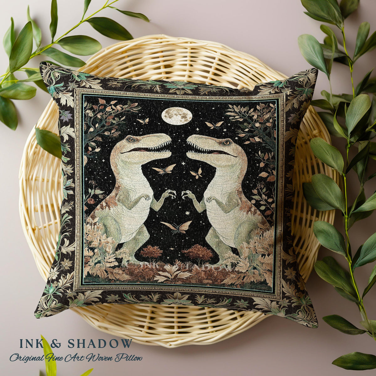 Mystical T-Rex Pillow Celestial Night Enchanted Forest Decor | Whimsical Dark Woodland Whimsy Vintage Dinosaur Art Fantasy Forestcore Accent