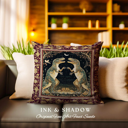 Medieval T-Rex Pillow Vintage Celestial Night Sky Enchanted Woodland Gothic Decor, Dark Nature Dinosaur Baroque Elegance Folklore Cushion |
