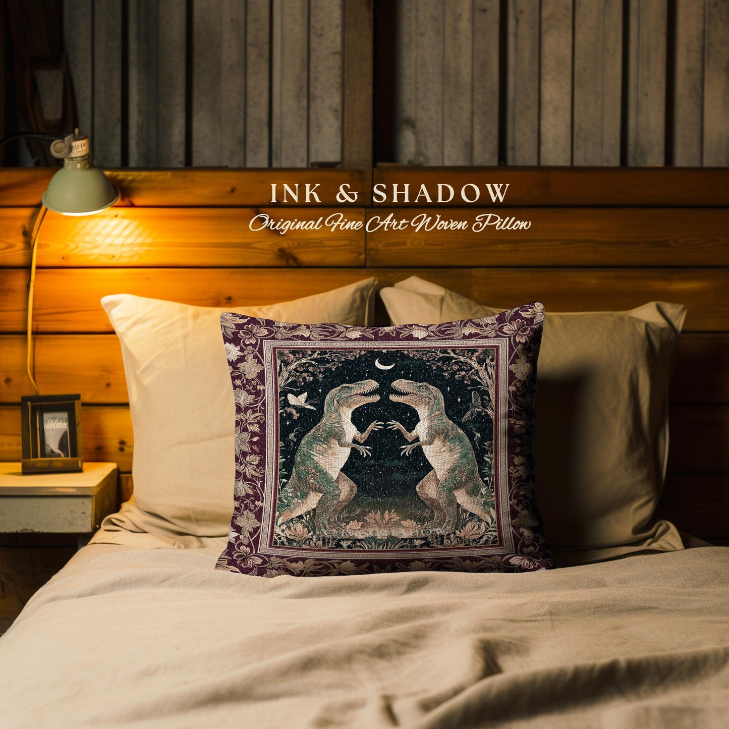 Medieval T-Rex Pillow Vintage Celestial Night Sky Enchanted Woodland Gothic Decor, Dark Nature Dinosaur Baroque Elegance Folklore Cushion |