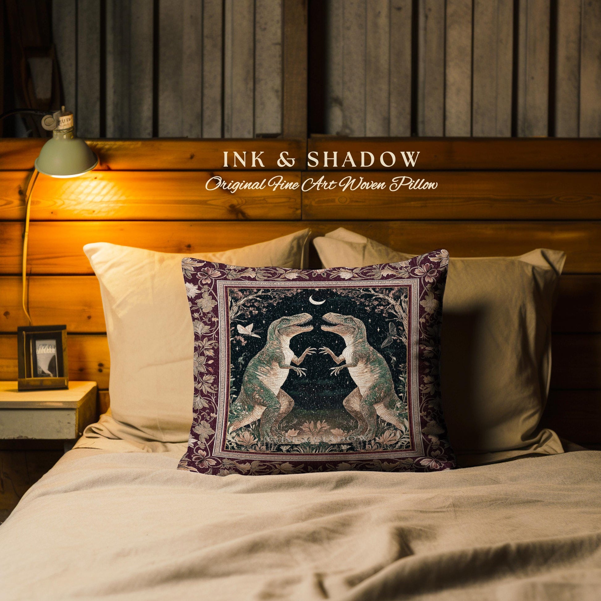 Medieval T-Rex Pillow Vintage Celestial Night Sky Enchanted Woodland Gothic Decor, Dark Nature Dinosaur Baroque Elegance Folklore Cushion |