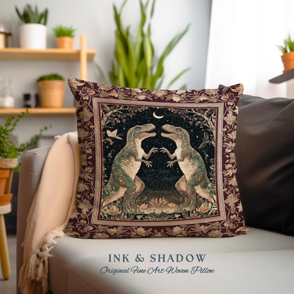 Medieval T-Rex Pillow Vintage Celestial Night Sky Enchanted Woodland Gothic Decor, Dark Nature Dinosaur Baroque Elegance Folklore Cushion |