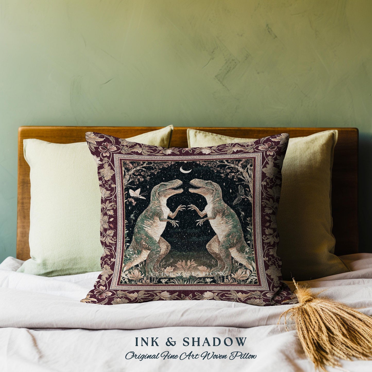 Medieval T-Rex Pillow Vintage Celestial Night Sky Enchanted Woodland Gothic Decor, Dark Nature Dinosaur Baroque Elegance Folklore Cushion |