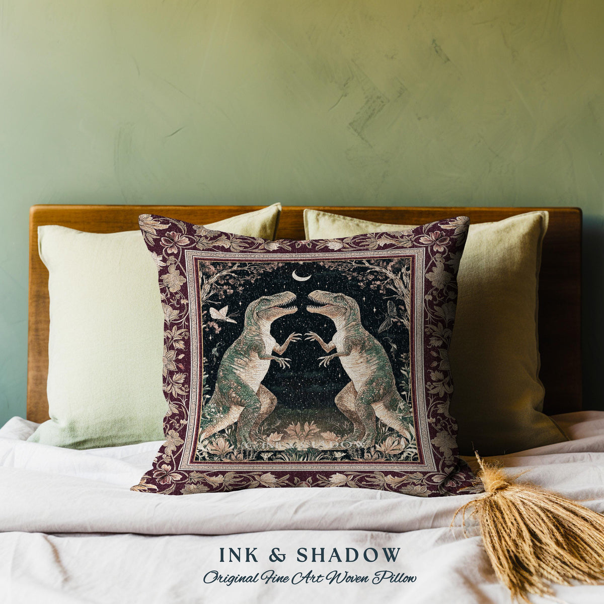 Medieval T-Rex Pillow Vintage Celestial Night Sky Enchanted Woodland Gothic Decor, Dark Nature Dinosaur Baroque Elegance Folklore Cushion |