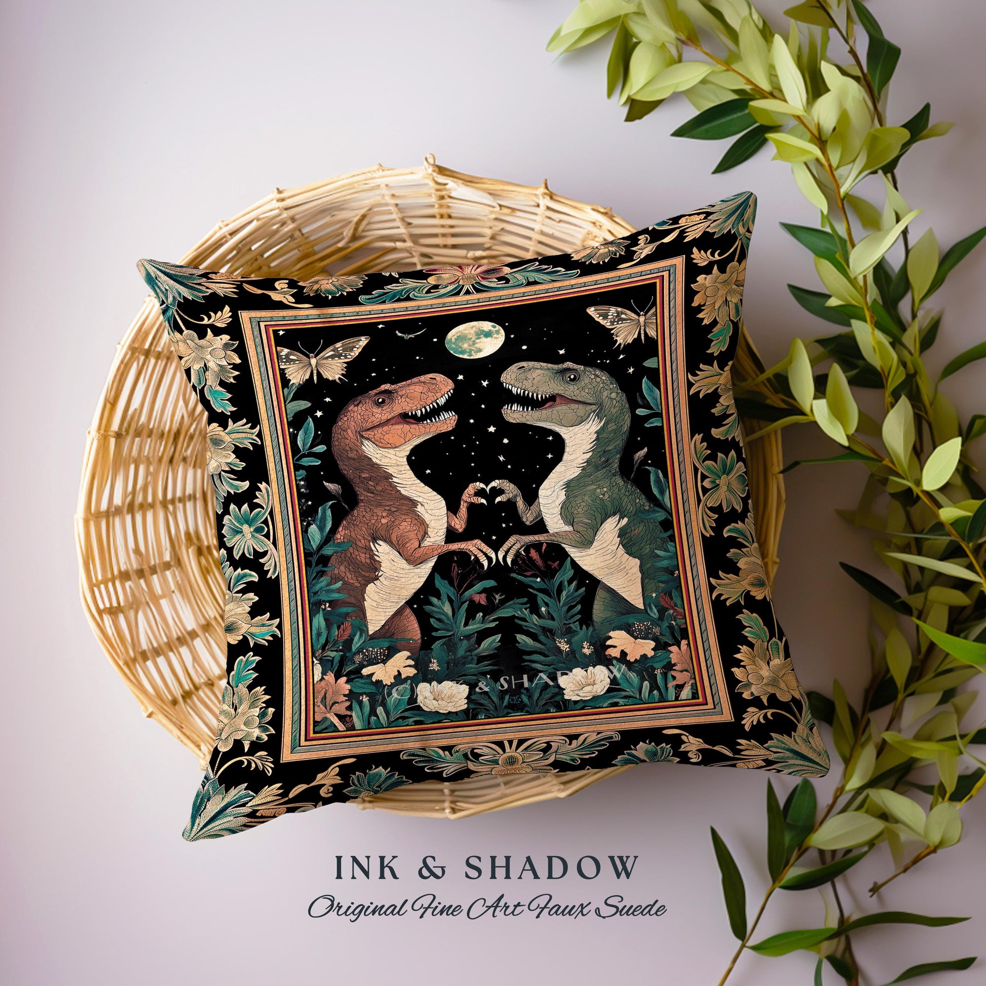 T-Rex Whimsical Academia Pillow | Dinosaur Woven Cushion Ornate Medieval Nightscape Vintage Dark Woodland Gothic Moonlit Moth Bedroom Cute |