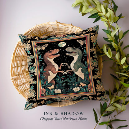 T-Rex Whimsical Academia Pillow | Dinosaur Woven Cushion Ornate Medieval Nightscape Vintage Dark Woodland Gothic Moonlit Moth Bedroom Cute |