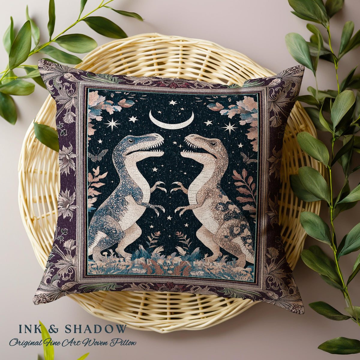 Whimsigoth Dinosaur Pillow Celestial T-Rex Starry Night Decor, Mystic Jurassic Forest Fairycore Enchanted Woodland Witchy Magic Cottagecore