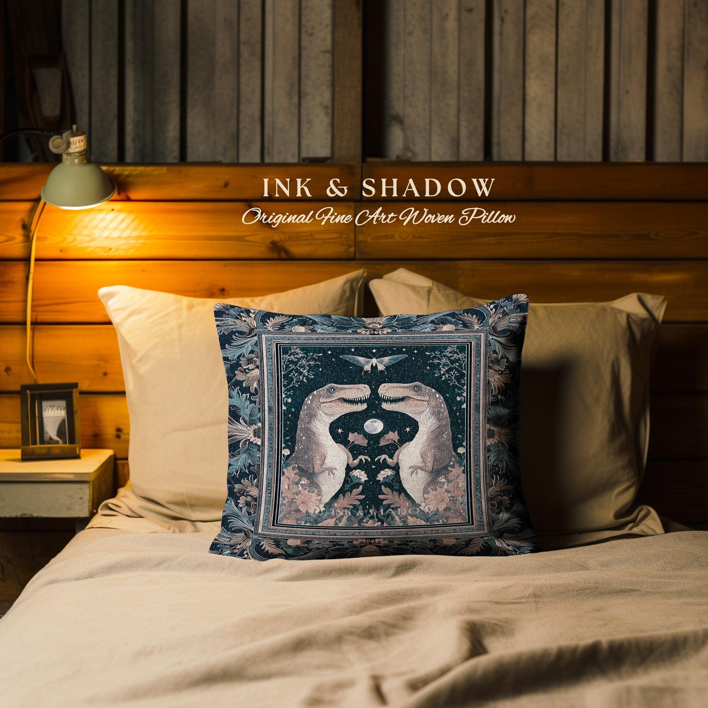 Enchanted Moth Dinosaur Pillow | Whimsical T-Rex Dino Woven Cushion Enchanted Garden Moonlit Cottagecore Indigo Blue Jurassic Forestcore |