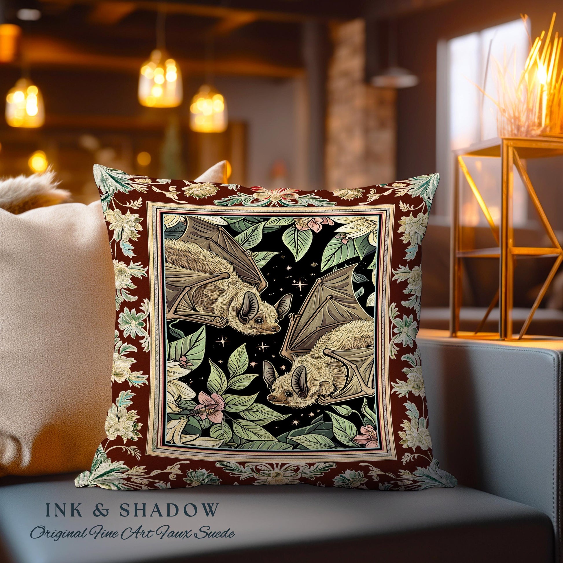 Whimsical Floral Bat Pillow Boho Mystical Dark Academia Fairycore Decor | Woodland Botanical Gothic Tapestry Cushion Celestial Cottagecore