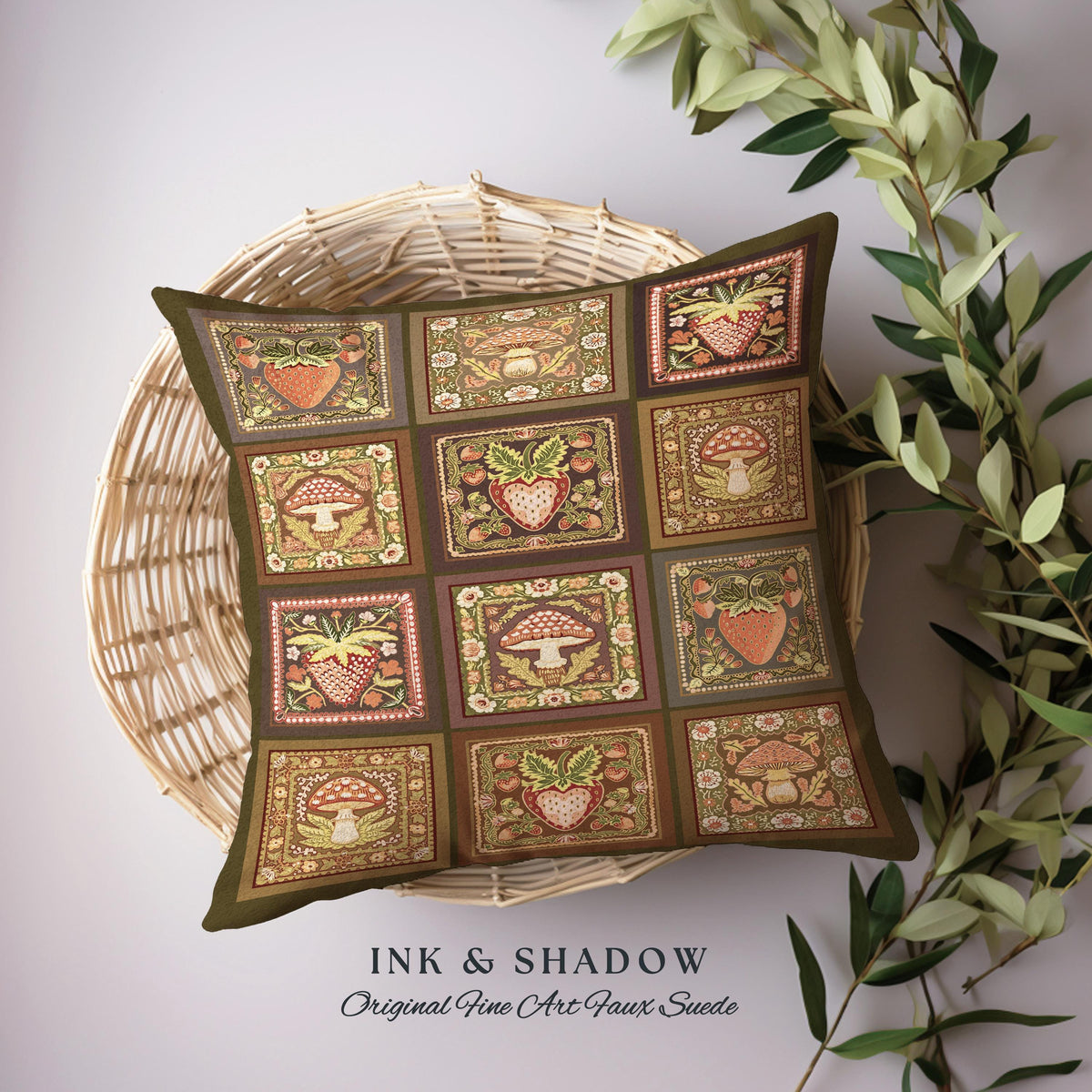 Rustic Bohemian Strawberry & Mushroom Pillow Cottagecore Folk Art Tapestry Cushion | Vintage Country Cottage Cozy Whimsical Farmhouse Deco