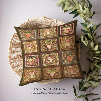 Rustic Bohemian Strawberry & Mushroom Pillow Cottagecore Folk Art Tapestry Cushion | Vintage Country Cottage Cozy Whimsical Farmhouse Deco