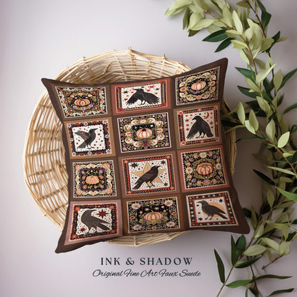 Retro Crow Pumpkin Farmhouse Pillow Cottagecore Witch Decor | Vintage Aesthetic Witchy Tapestry Cushion Fall Vibes Maximalist Unique Gift