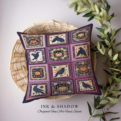 Witchy Whimsical Raven Pumpkin Pillow Purple Halloween Aesthetic Cozy Decor | Gothic Tapestry Cushion Crowcore Retro Celestial Cottagecore