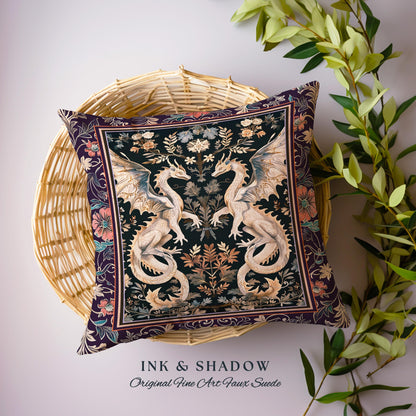 Victorian Gothic Dragon Pillow Enchanted Floral Baroque Tapestry Cushion Mystical Medieval Art Nouveau Woodland Charm Whimsigoth Cottagecore