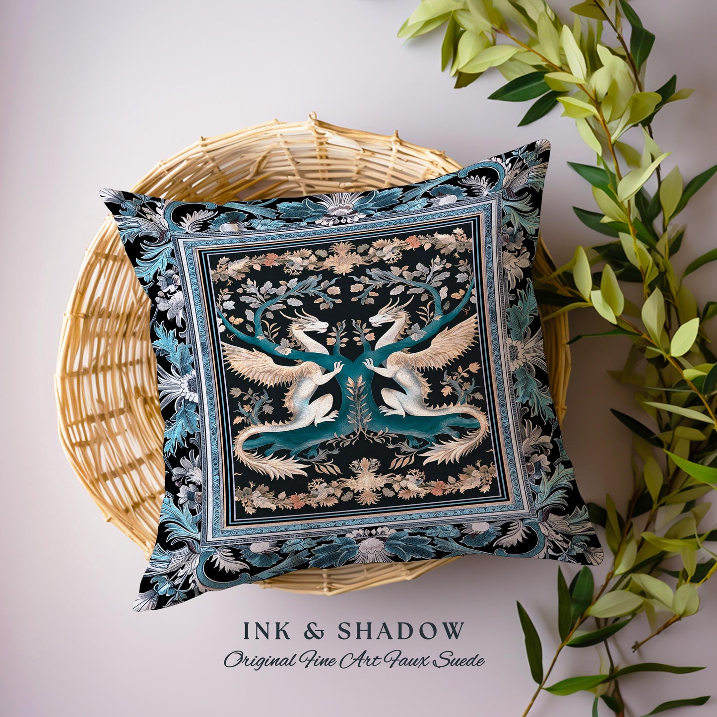 Indigo Dusty Blue Medieval Dragon Pillow Fairycore Boho Art Nouveau Home | Vintage Dark Academia Victorian Gothic Fairytale Tapestry Cushion