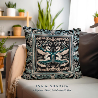 Indigo Dusty Blue Medieval Dragon Pillow Fairycore Boho Art Nouveau Home | Vintage Dark Academia Victorian Gothic Fairytale Tapestry Cushion