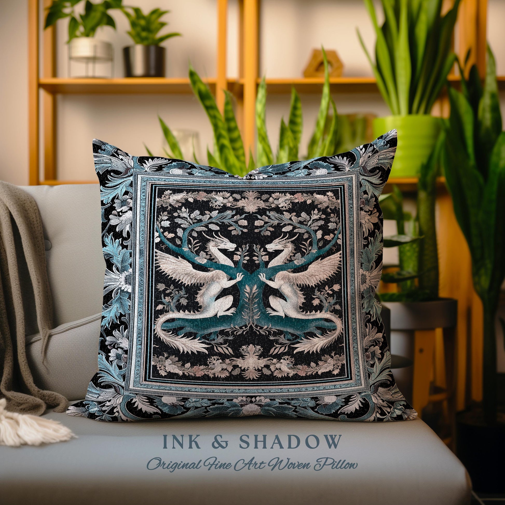 Indigo Dusty Blue Medieval Dragon Pillow Fairycore Boho Art Nouveau Home | Vintage Dark Academia Victorian Gothic Fairytale Tapestry Cushion