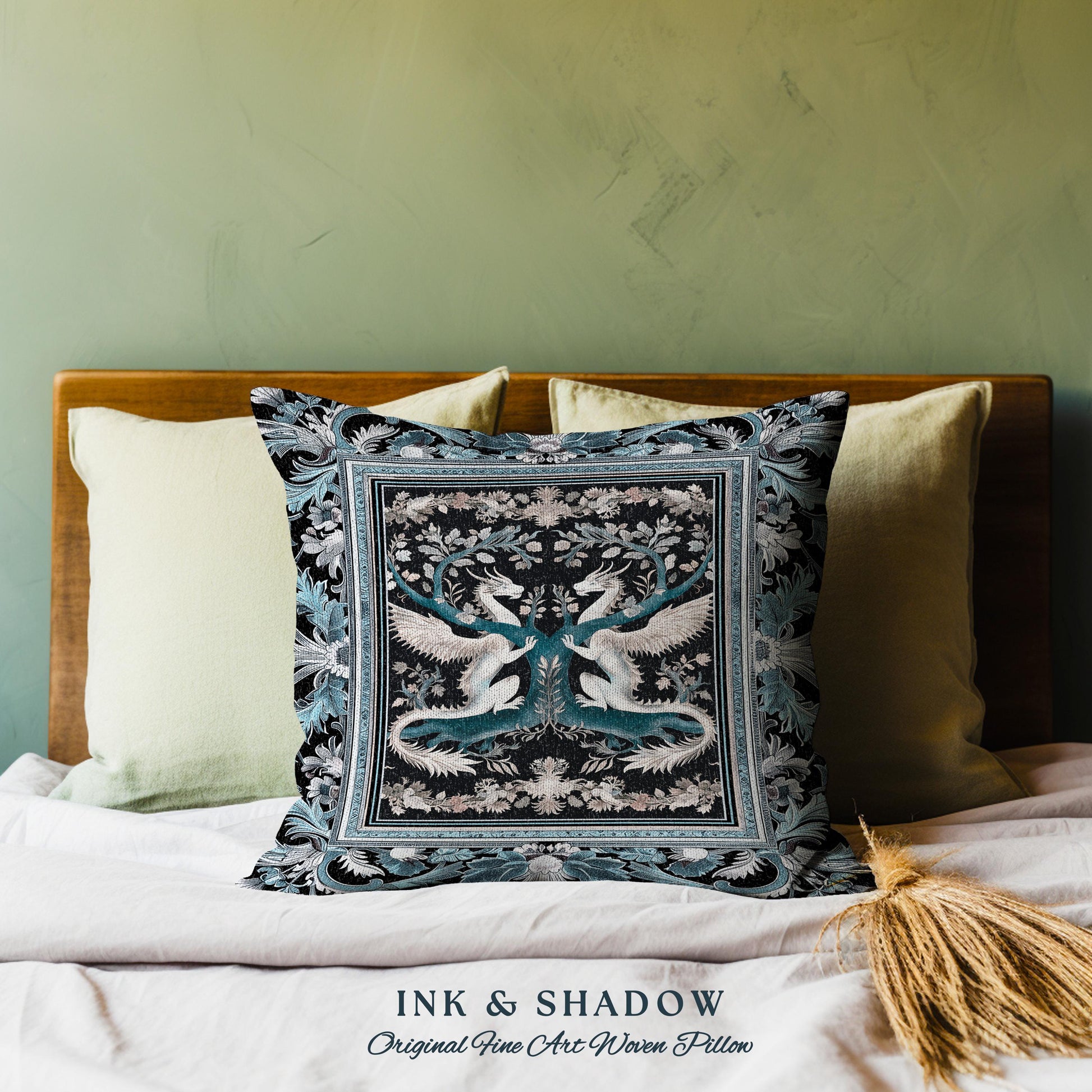 Indigo Dusty Blue Medieval Dragon Pillow Fairycore Boho Art Nouveau Home | Vintage Dark Academia Victorian Gothic Fairytale Tapestry Cushion