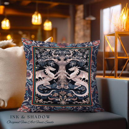 Medieval Fantasy Dragon Pillow Victorian Whimsigoth Decor, Enchanted Forest Gothic Art Nouveau Baroque Elegance Cottagecore Tapestry Cushion