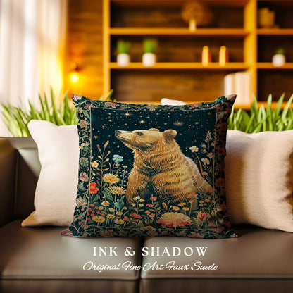 Whimsical Wildflower Starry Night Bear Pillow Enchanted Forest Cottagegoth | Boho Cottagecore Witchy Wildlife Whimsigothic Art Throw Cushion