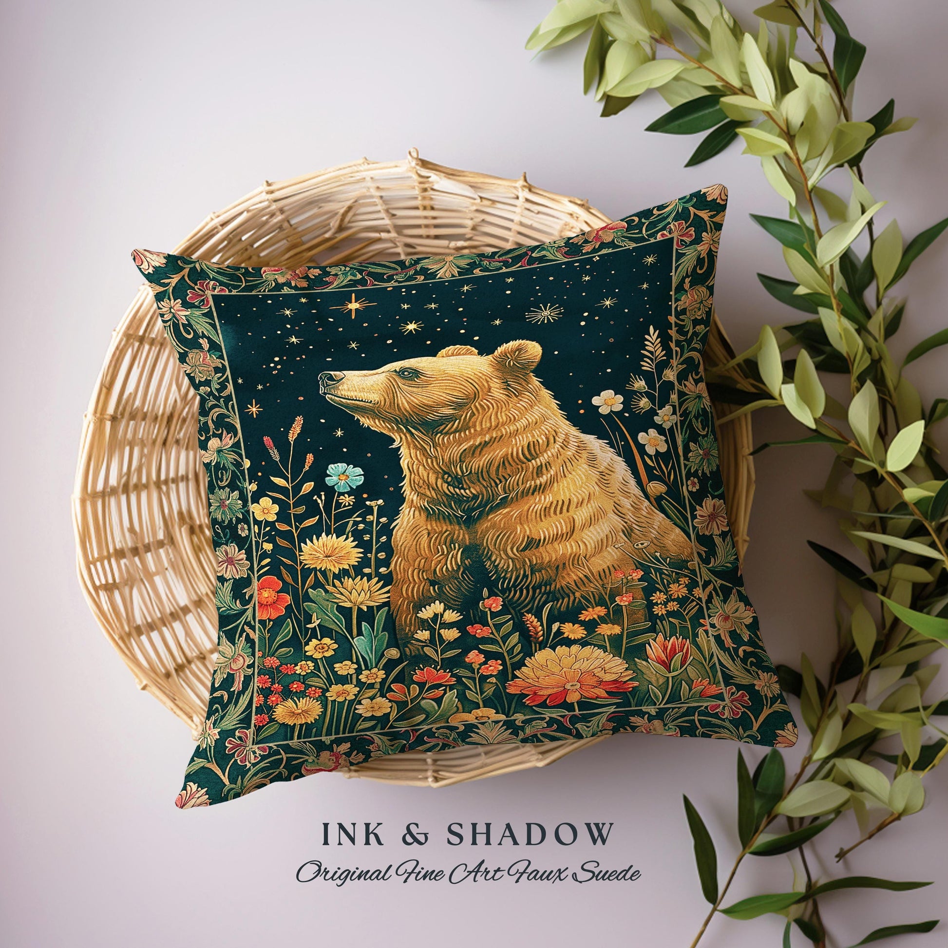 Whimsical Wildflower Starry Night Bear Pillow Enchanted Forest Cottagegoth | Boho Cottagecore Witchy Wildlife Whimsigothic Art Throw Cushion