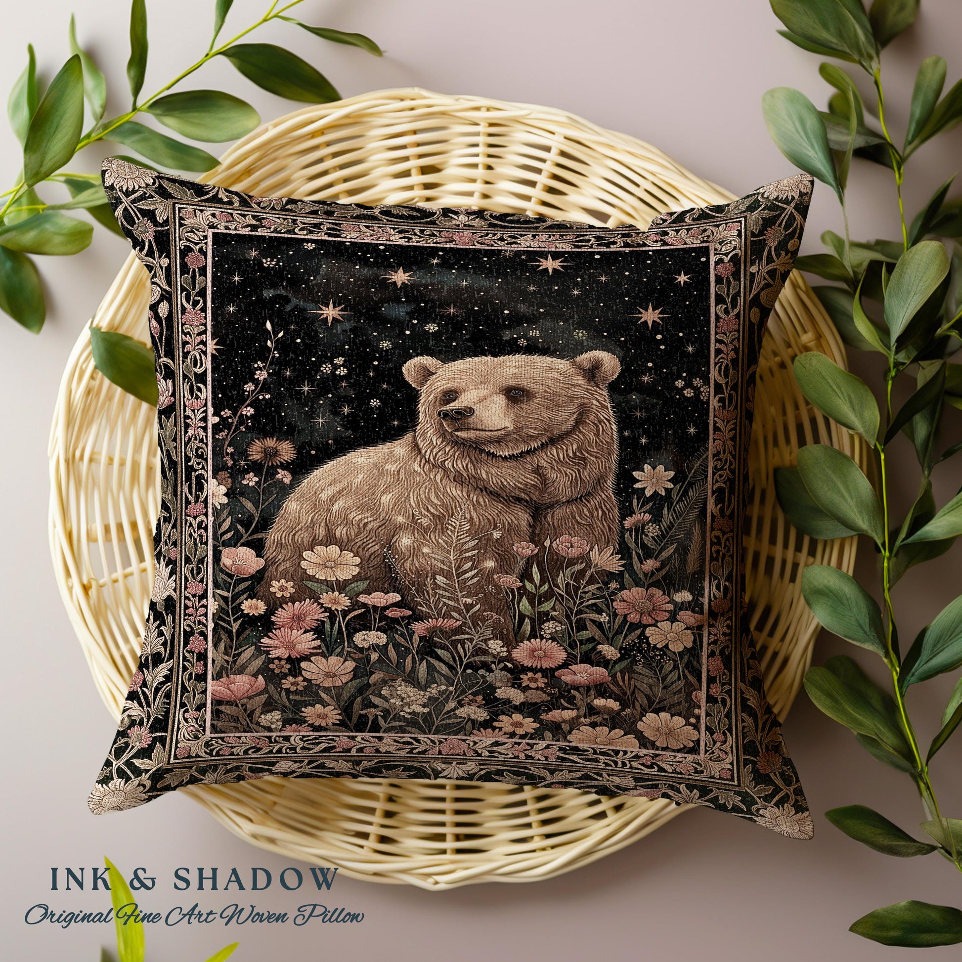 Fairytale Bear Pillow Enchanted Woodland Celestial Wildflower Starscape | Whimsical Floral Fairycore Magic Whimsigoth Art Foestcore Cushion