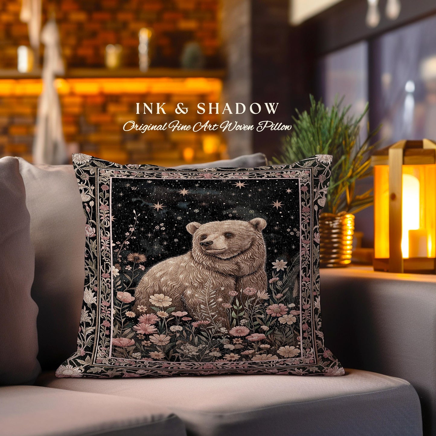 Fairytale Bear Pillow Enchanted Woodland Celestial Wildflower Starscape | Whimsical Floral Fairycore Magic Whimsigoth Art Foestcore Cushion