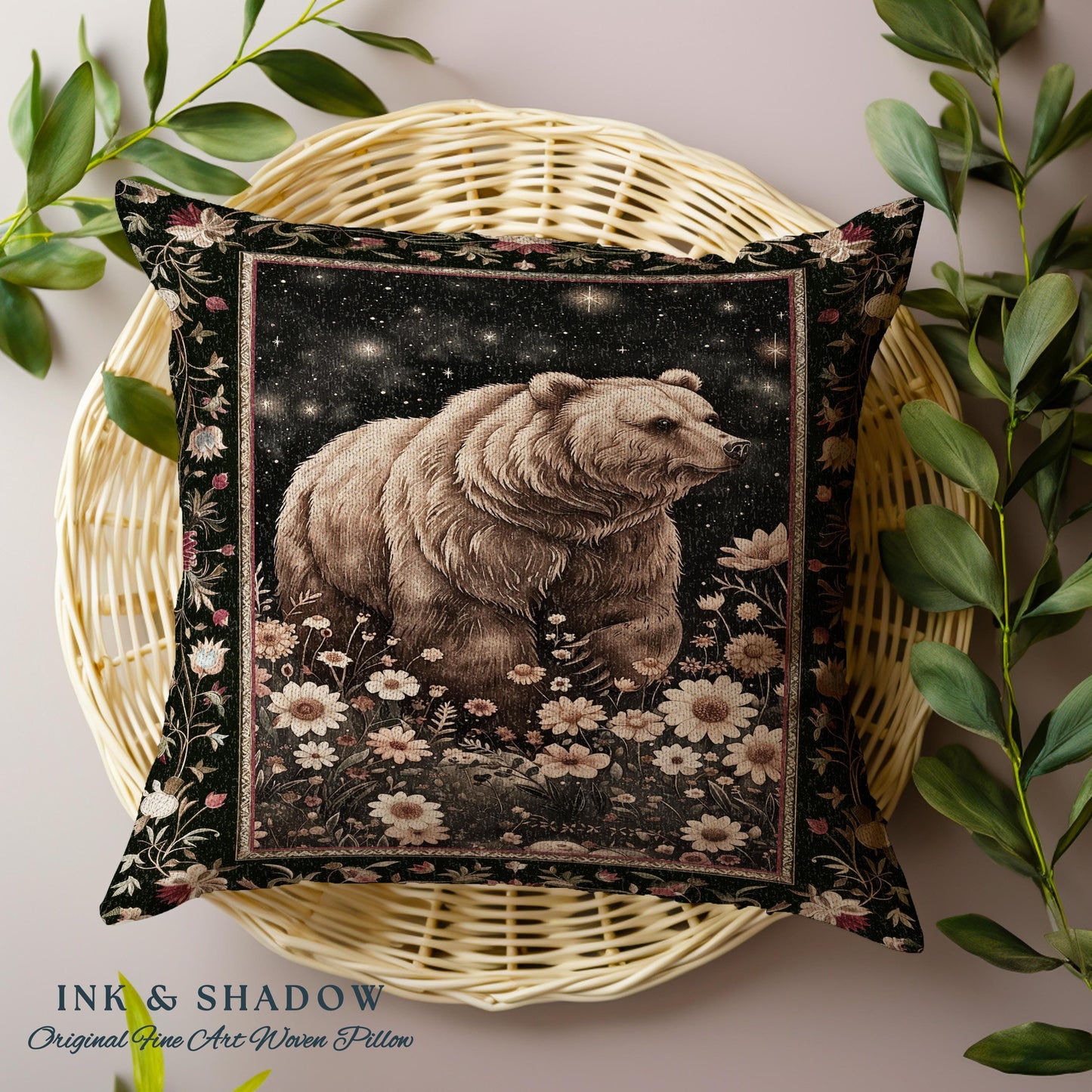 Victorian Gothic Bear Pillow Ethereal Starry Night Forestcore | Romantic Baroque Whimsical Woodland Cushion Dark Floral Fairycore Wildlife