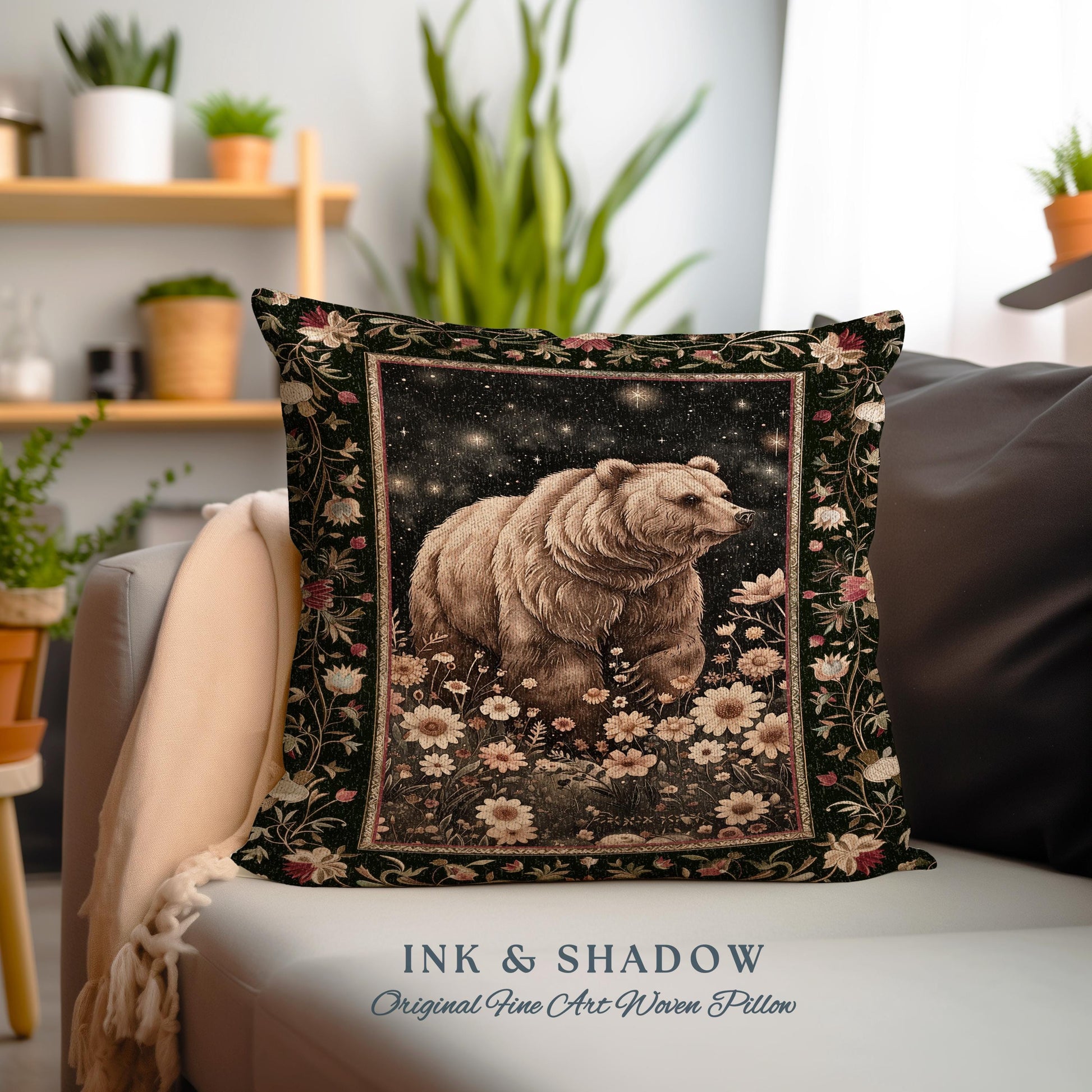 Victorian Gothic Bear Pillow Ethereal Starry Night Forestcore | Romantic Baroque Whimsical Woodland Cushion Dark Floral Fairycore Wildlife