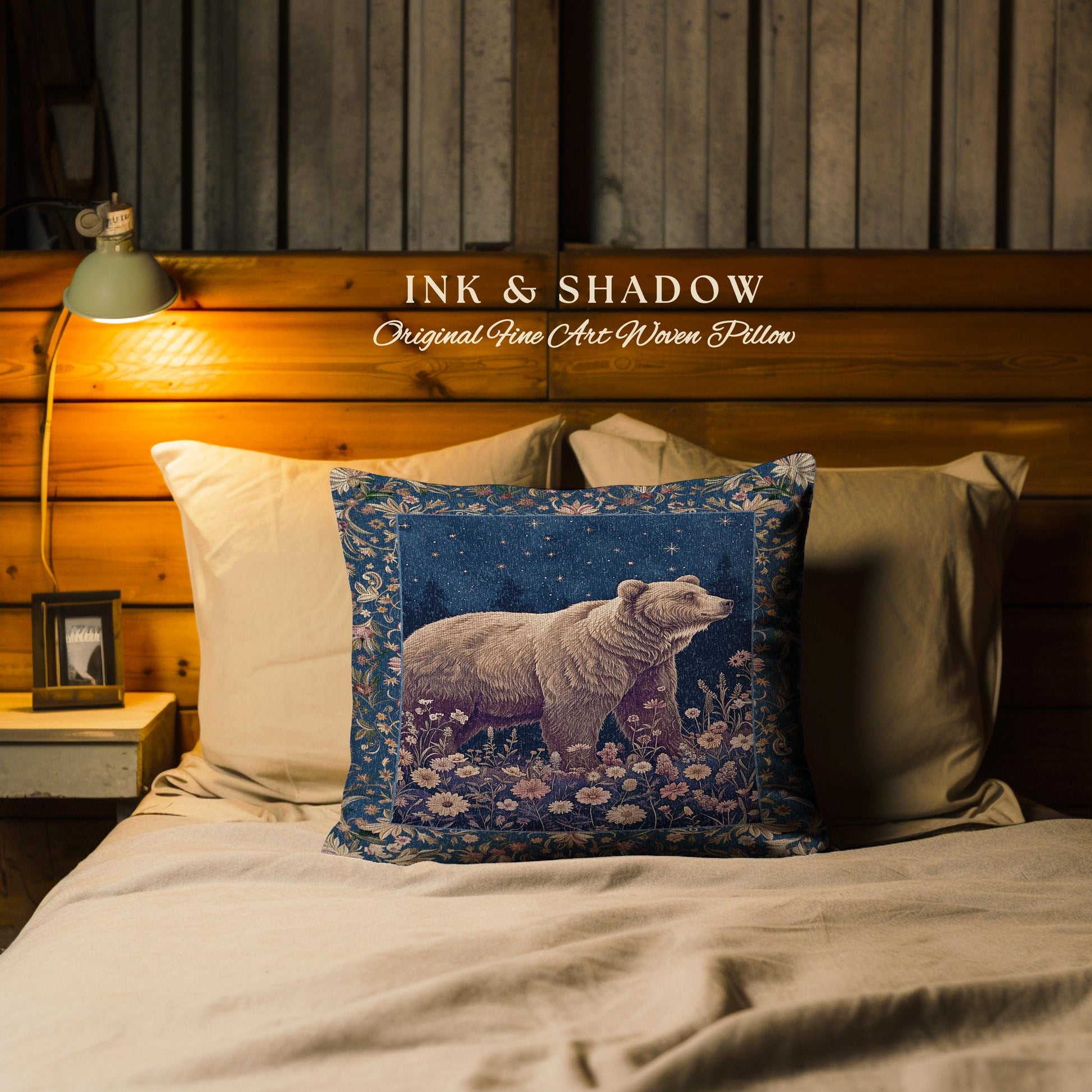 Celestial Moonlit Bear Pillow Starry Night Wildflower Tapestry Cushion | Enchanted Woodland Gothic Indigo Blue Cozy Cottagecore Mystical Art