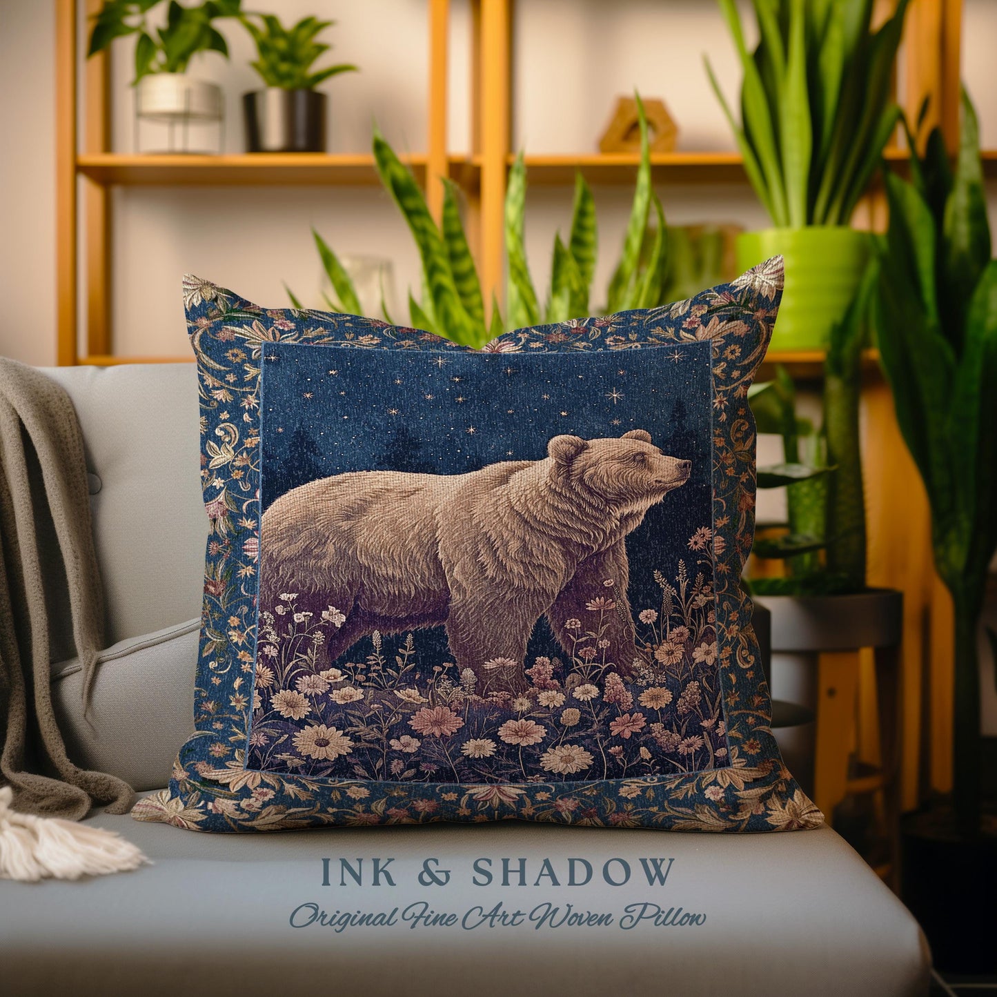 Celestial Moonlit Bear Pillow Starry Night Wildflower Tapestry Cushion | Enchanted Woodland Gothic Indigo Blue Cozy Cottagecore Mystical Art