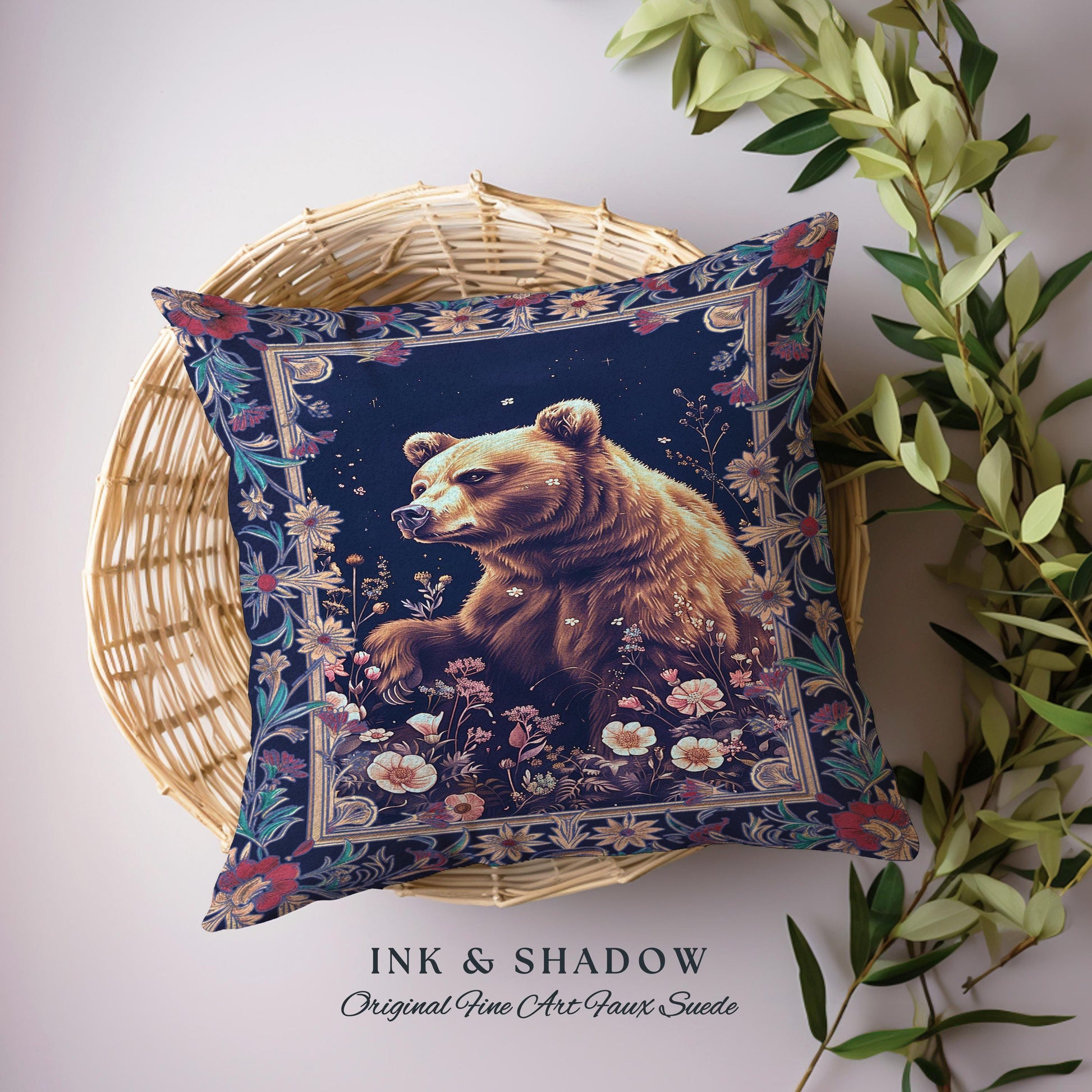 Midnight Blue Bear Pillow Wildflower Dark Floral Tapestry Cushion | Enchanted Woodland Gothic Whimsical Wildlife Art Goblincore Home Accent