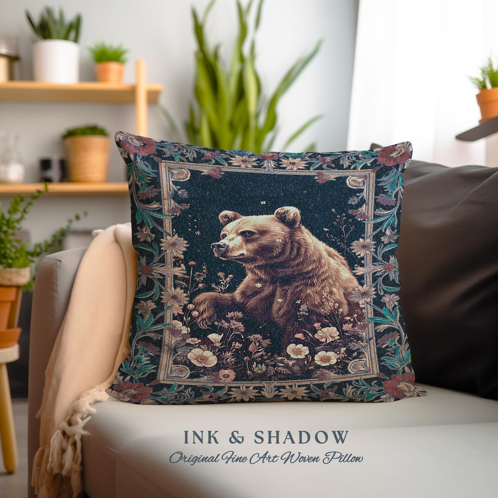 Midnight Blue Bear Pillow Wildflower Dark Floral Tapestry Cushion | Enchanted Woodland Gothic Whimsical Wildlife Art Goblincore Home Accent