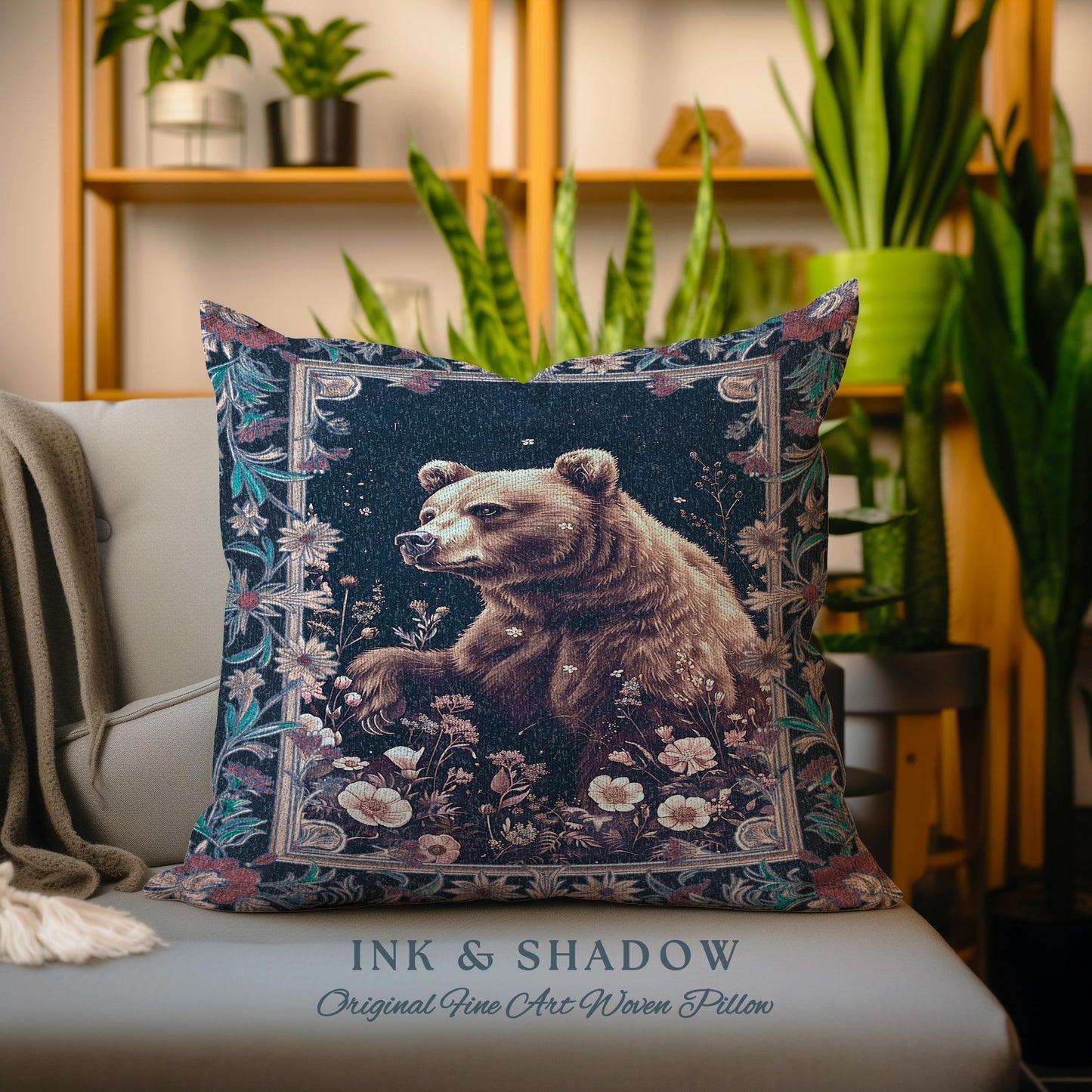 Midnight Blue Bear Pillow Wildflower Dark Floral Tapestry Cushion | Enchanted Woodland Gothic Whimsical Wildlife Art Goblincore Home Accent