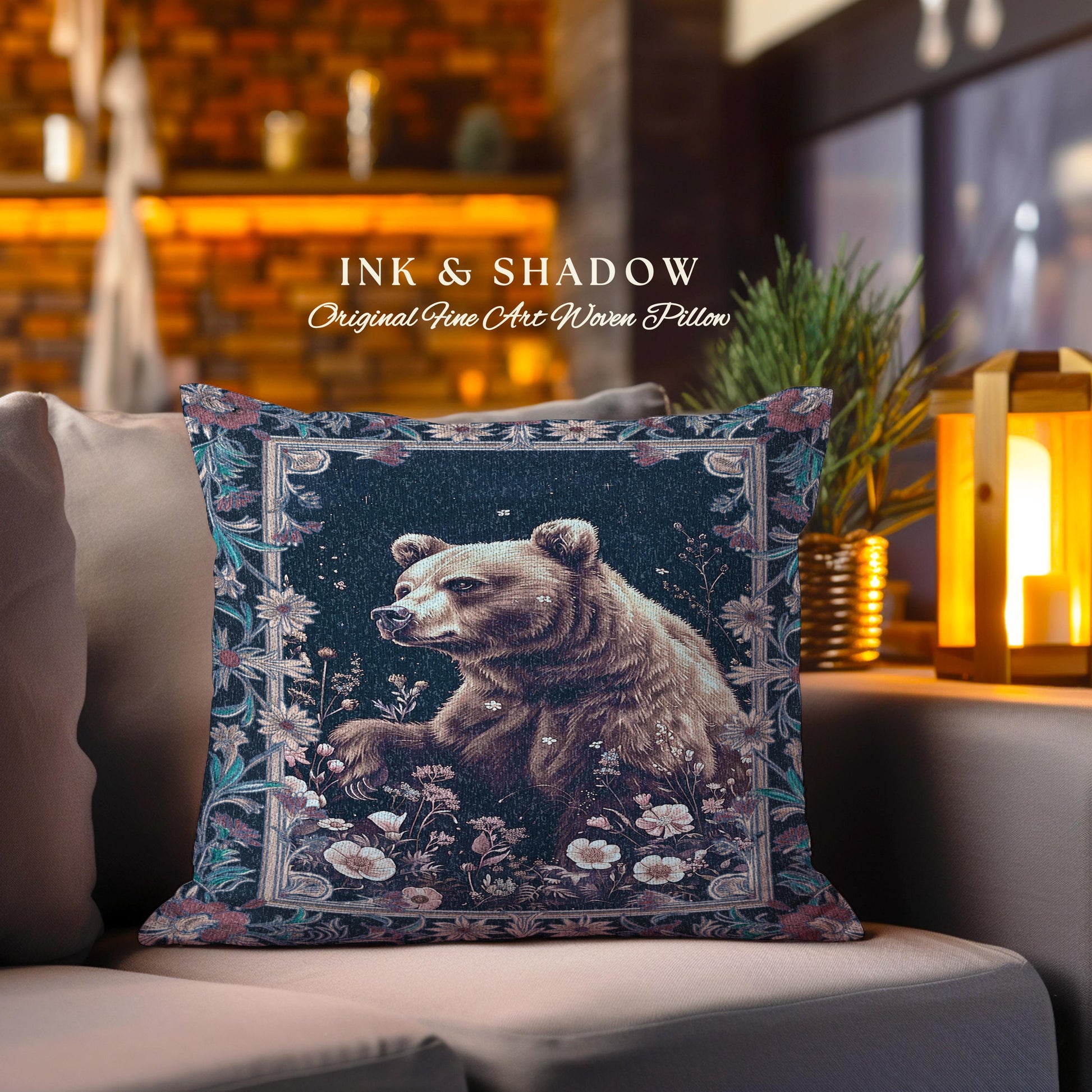 Midnight Blue Bear Pillow Wildflower Dark Floral Tapestry Cushion | Enchanted Woodland Gothic Whimsical Wildlife Art Goblincore Home Accent