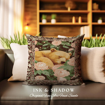 Sleeping Bear Flower Garden Pillow Dreamy Vintage Whimsy Wildlife Decor | Boho Country Cottage Woodland Whimsy Floral Botanical Forestcore