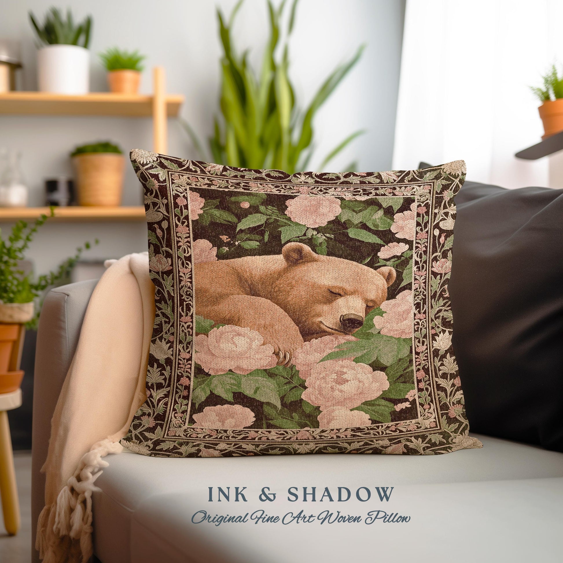 Sleeping Bear Flower Garden Pillow Dreamy Vintage Whimsy Wildlife Decor | Boho Country Cottage Woodland Whimsy Floral Botanical Forestcore