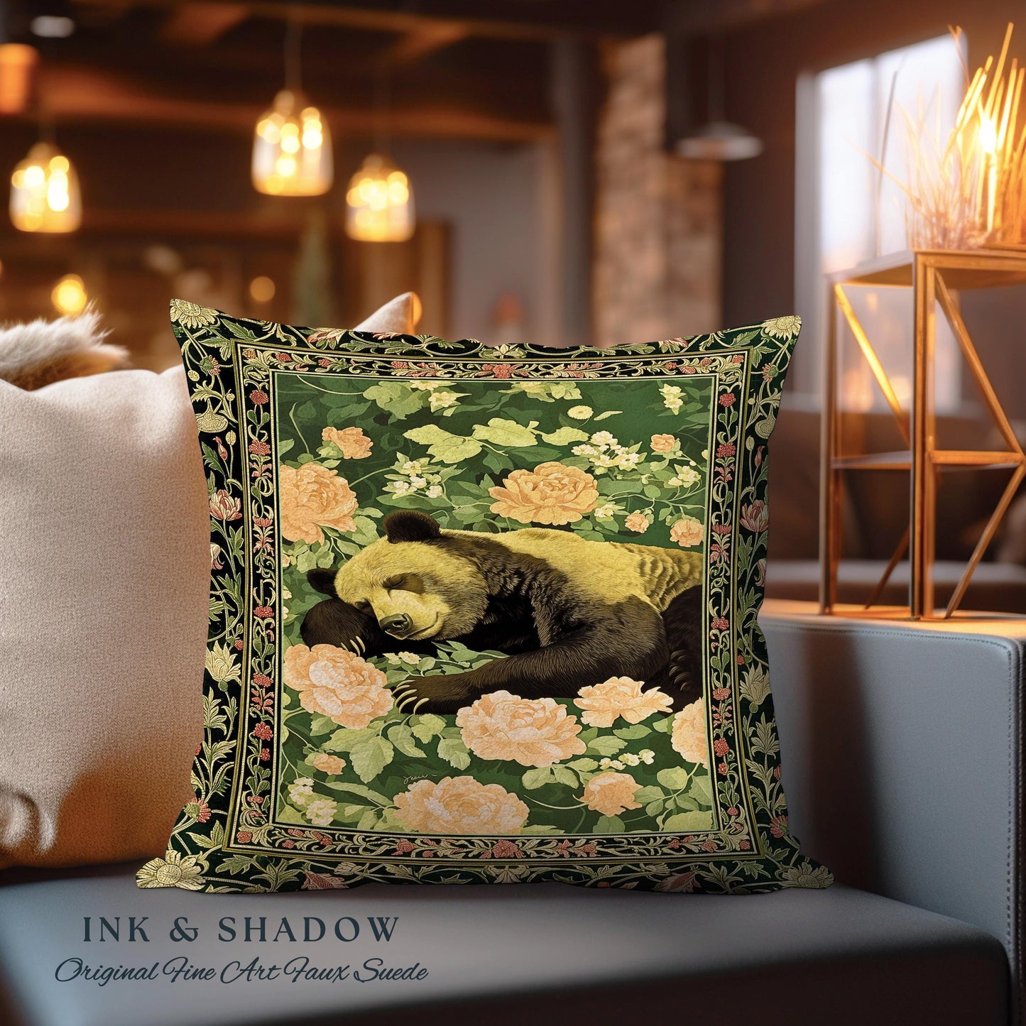 Woodland Botanical Bear Pillow Vintage Goblincore Tapestry Cushion | Dark Floral Cottagecore Cozy Enchanted Forest Gothic Art Home Accent