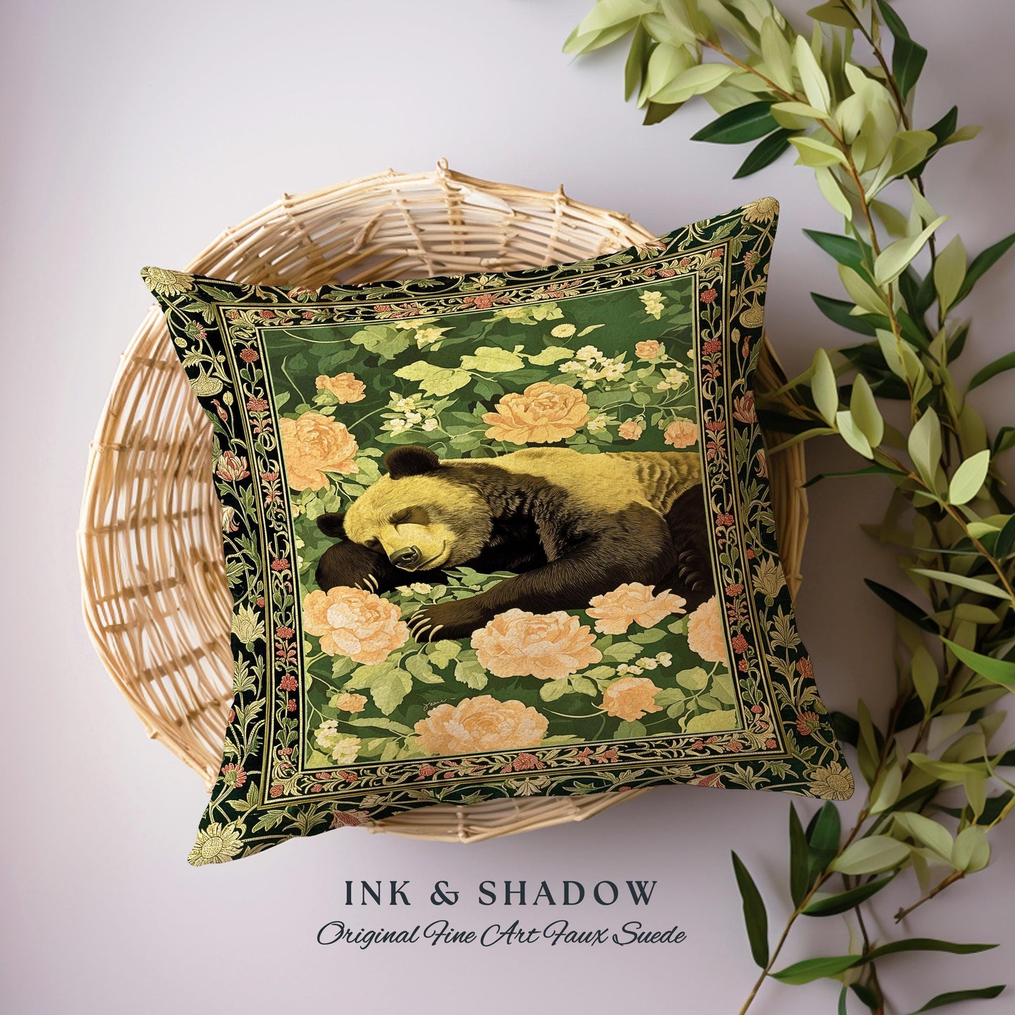 Woodland Botanical Bear Pillow Vintage Goblincore Tapestry Cushion | Dark Floral Cottagecore Cozy Enchanted Forest Gothic Art Home Accent