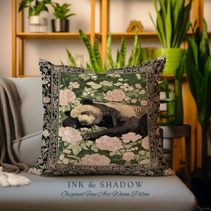 Woodland Botanical Bear Pillow Vintage Goblincore Tapestry Cushion | Dark Floral Cottagecore Cozy Enchanted Forest Gothic Art Home Accent