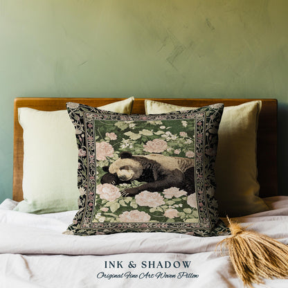 Woodland Botanical Bear Pillow Vintage Goblincore Tapestry Cushion | Dark Floral Cottagecore Cozy Enchanted Forest Gothic Art Home Accent