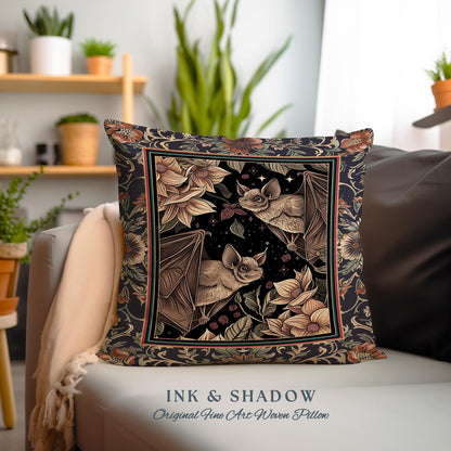 Dark Academia Mystic Bat Pillow Woodland Gothic Victorian Art Decor | Enchanted Forest Celestial Nature Cushion Whimsical Floral Cottagecore