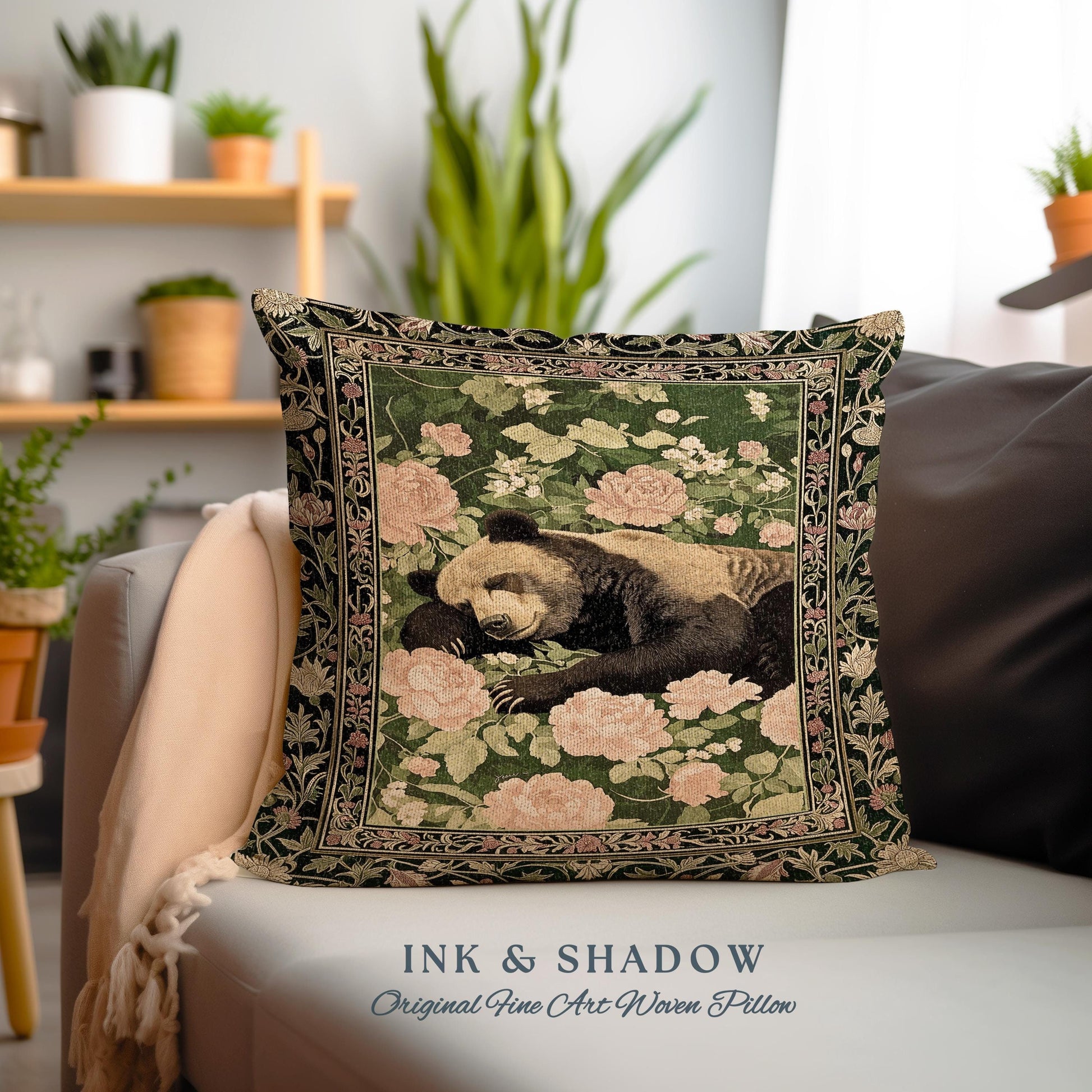 Woodland Botanical Bear Pillow Vintage Goblincore Tapestry Cushion | Dark Floral Cottagecore Cozy Enchanted Forest Gothic Art Home Accent