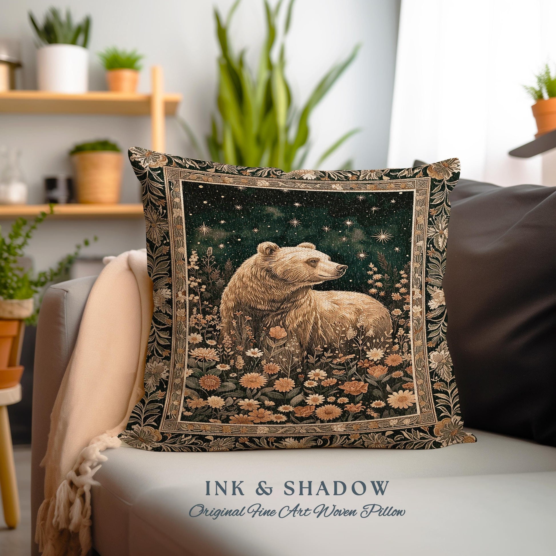 Golden Starlit Grizzly Bear Pillow Mystical Meadow Whimsical Wildflower Decor | Vintage Forestcore Cottagecore Celestial Woodland Animal Art