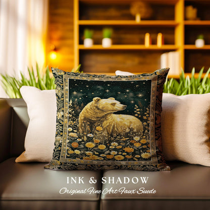 Golden Starlit Grizzly Bear Pillow Mystical Meadow Whimsical Wildflower Decor | Vintage Forestcore Cottagecore Celestial Woodland Animal Art