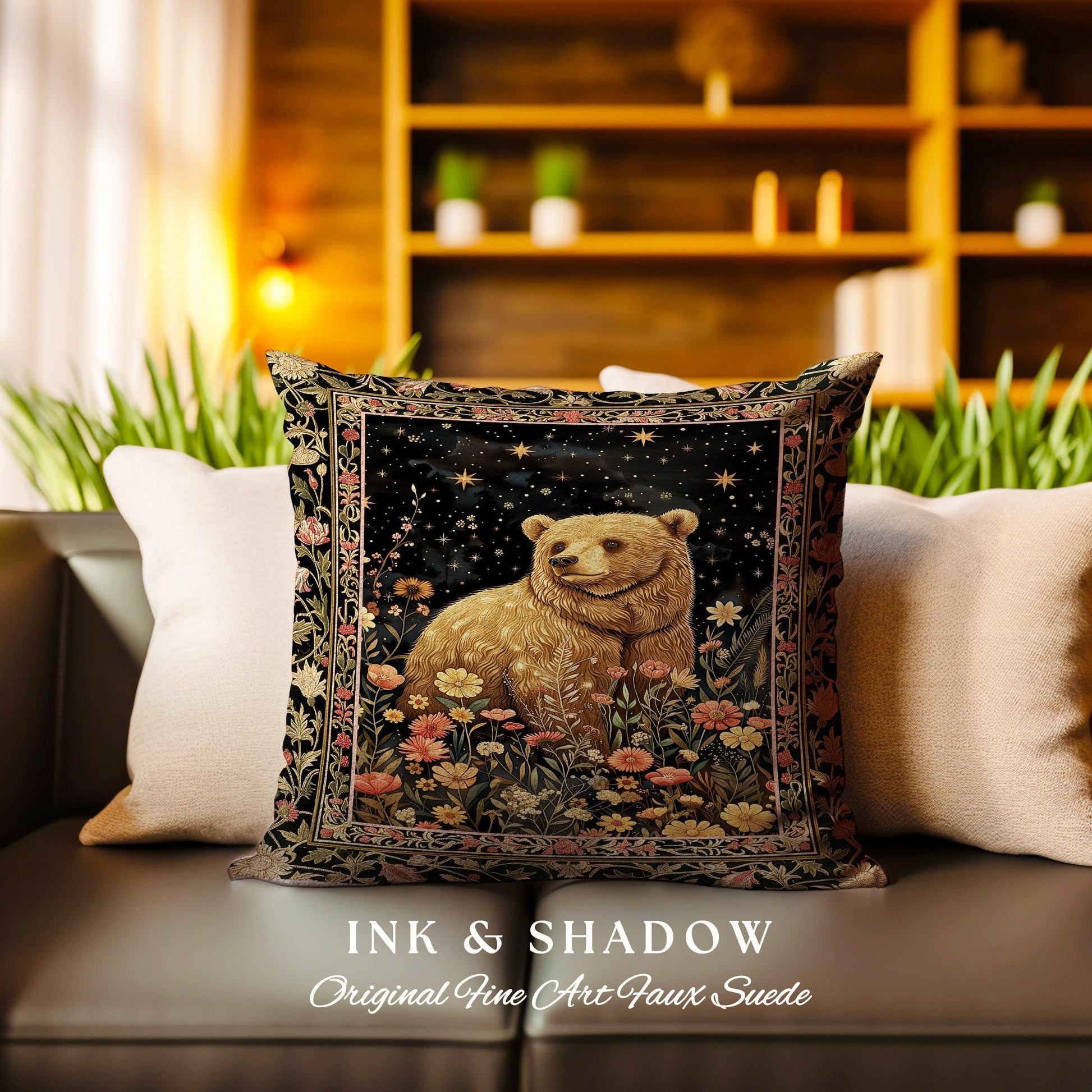 Fairytale Bear Pillow Enchanted Woodland Celestial Wildflower Starscape | Whimsical Floral Fairycore Magic Whimsigoth Art Foestcore Cushion