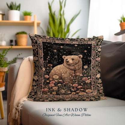 Fairytale Bear Pillow Enchanted Woodland Celestial Wildflower Starscape | Whimsical Floral Fairycore Magic Whimsigoth Art Foestcore Cushion