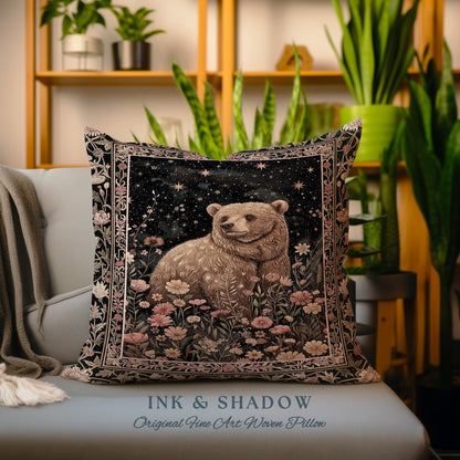 Fairytale Bear Pillow Enchanted Woodland Celestial Wildflower Starscape | Whimsical Floral Fairycore Magic Whimsigoth Art Foestcore Cushion