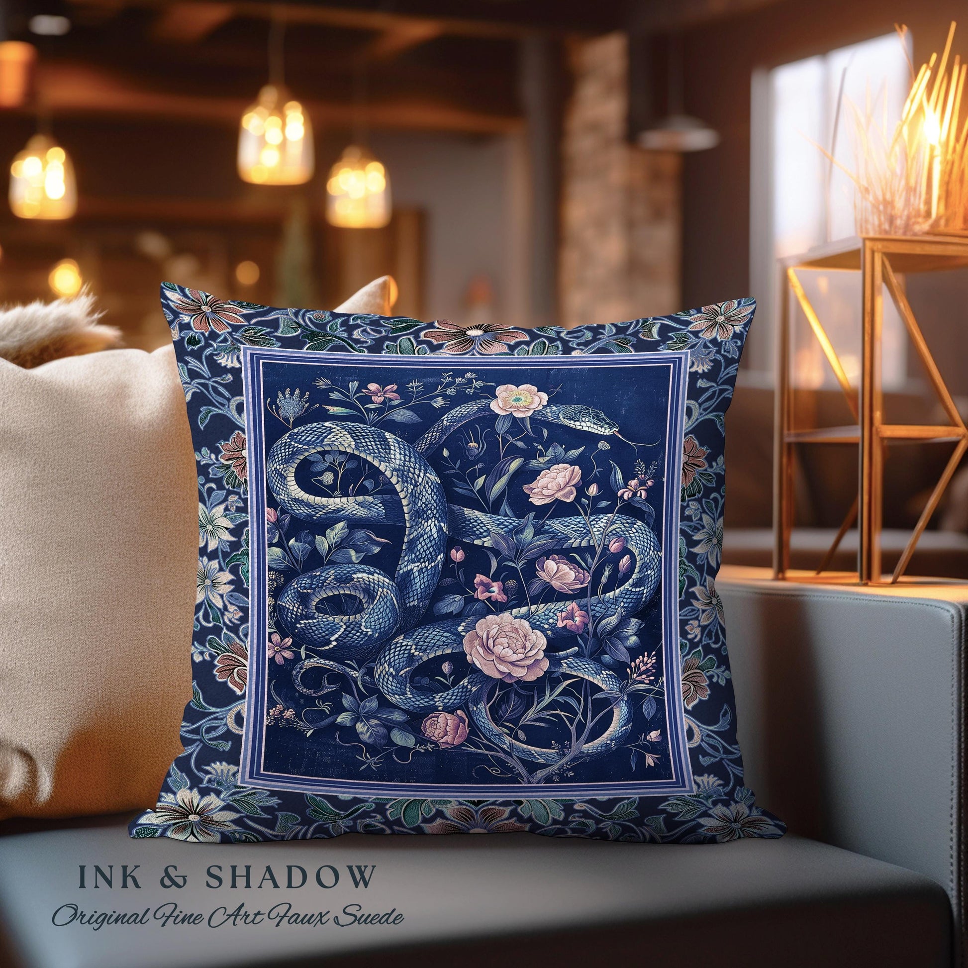 Midnight Blue Dark Floral Serpent Pillow Whimsical Vintage Botanical Snake Cushion Victorian Gothic Mystic Macabre Art Enchanted Forestcore