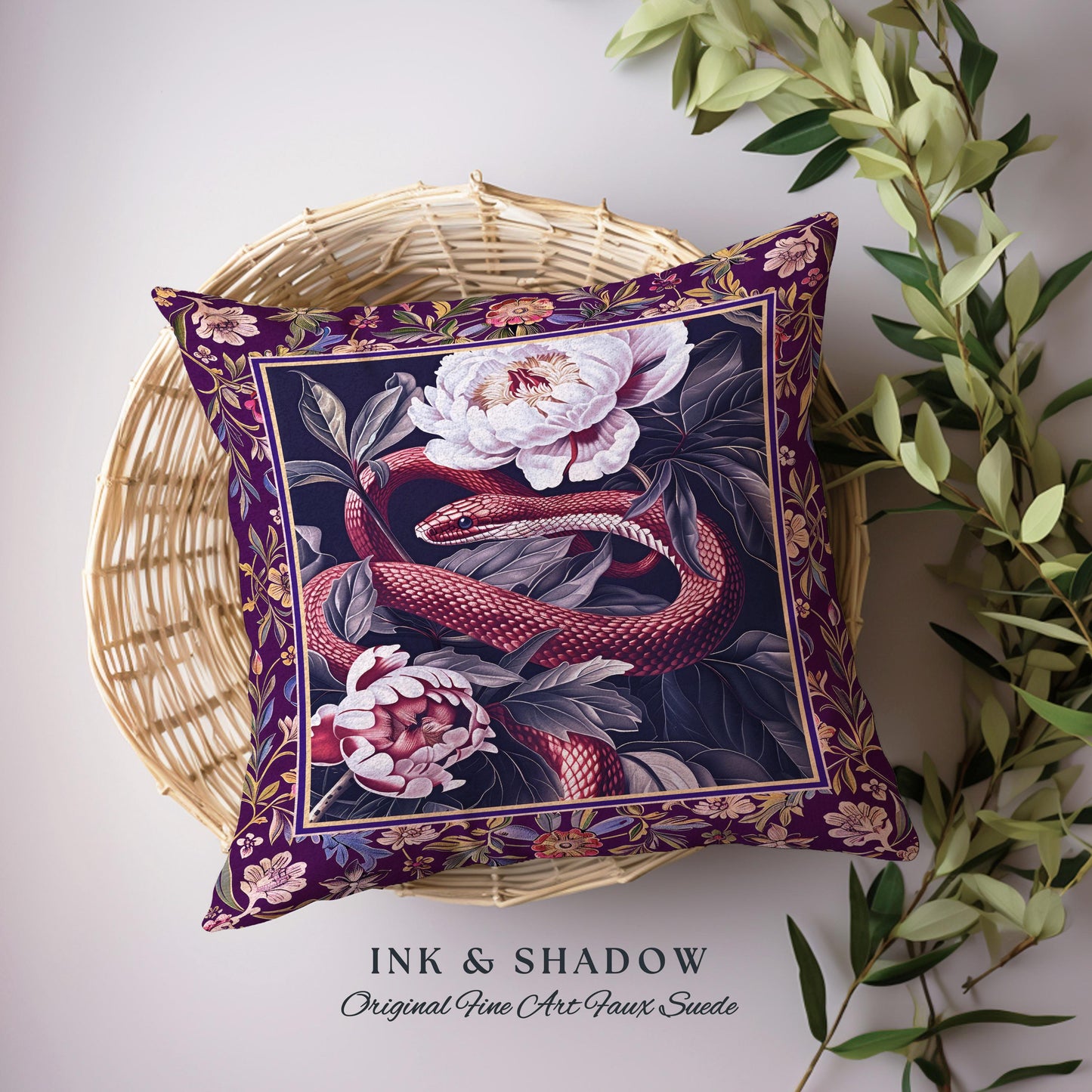 Whimsigothic Dark Floral Serpent Pillow Enchanted Forest Whimsical Purple Botanical Cushion | Mystical Witchy Cottagecore Vintage Snake Art