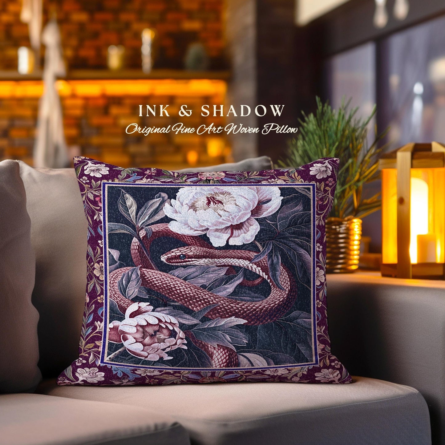 Whimsigothic Dark Floral Serpent Pillow Enchanted Forest Whimsical Purple Botanical Cushion | Mystical Witchy Cottagecore Vintage Snake Art